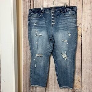 torrid Distressed High-Rise Button-Fly Jeans in Medium Blue